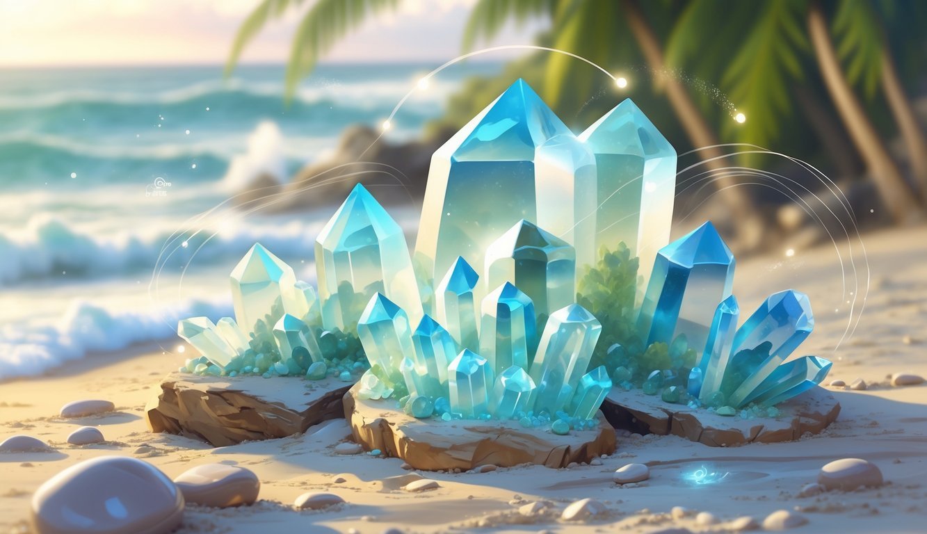 Clusters of pale blue and green Caribbean calcite crystals resting on a sandy surface with soft light and faint glowing energy around them.