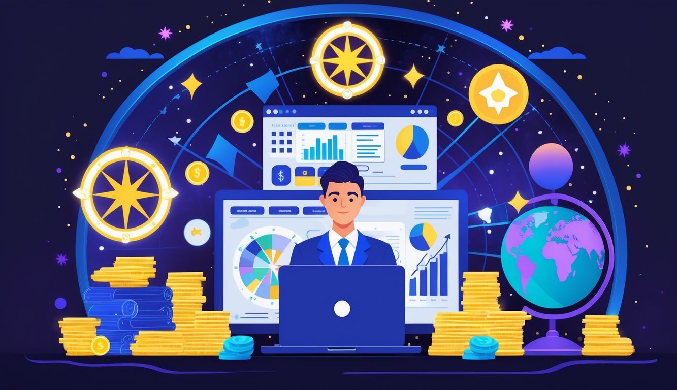 An astrologer surrounded by symbols representing income factors like zodiac signs, money, calendar, laptop with charts, books, and a globe.