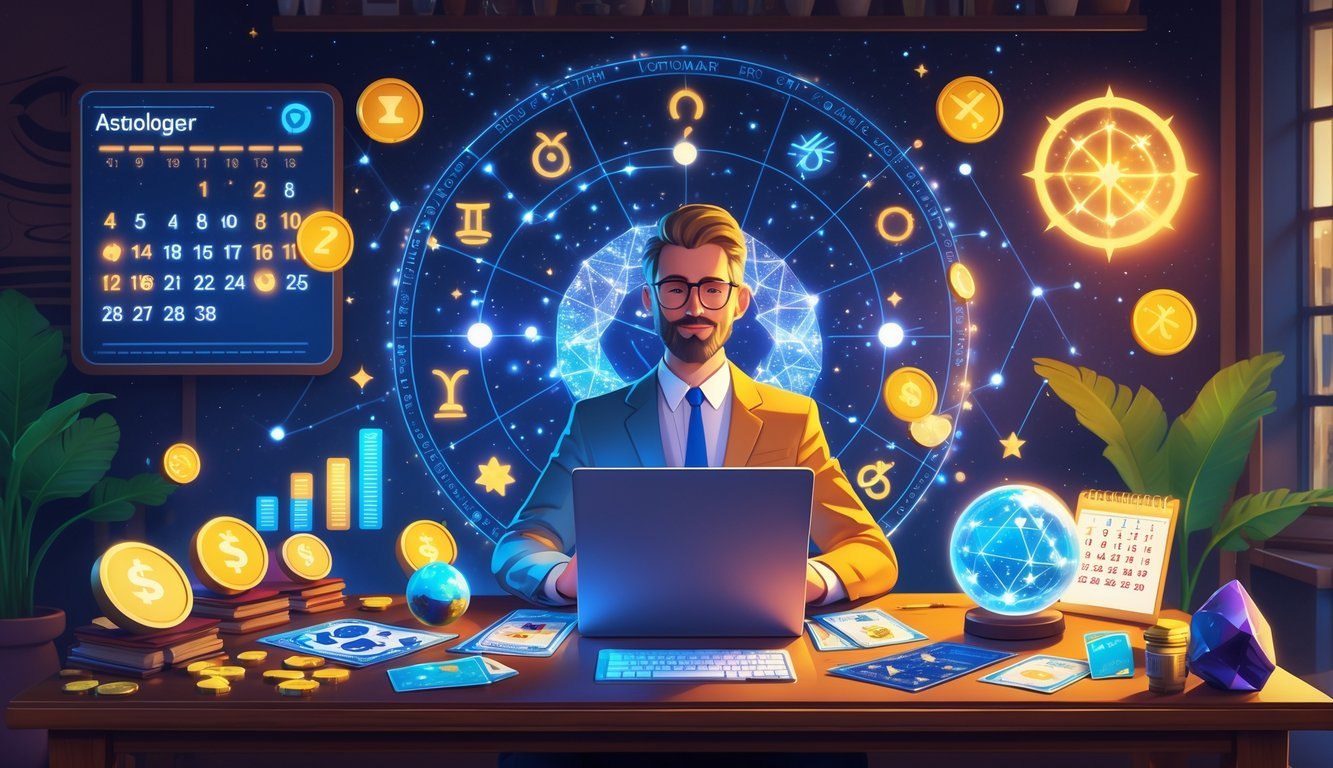 An astrologer working at a desk with star charts, a crystal ball, tarot cards, and a laptop showing financial graphs, surrounded by symbols of income and zodiac signs.