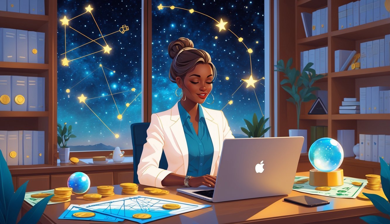 An astrologer sitting at a desk with astrological charts and a crystal ball, looking thoughtfully at a laptop, with a starry night sky visible through a window behind them.