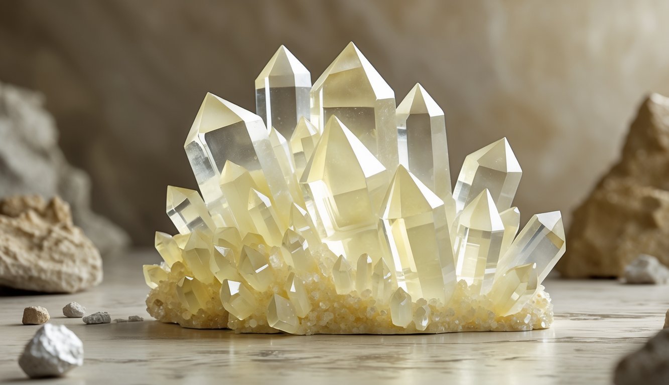 A cluster of pale yellow lemon quartz crystals with natural rock fragments around them.