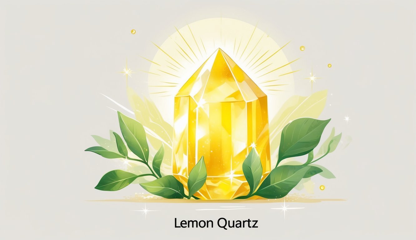A glowing yellow lemon quartz crystal surrounded by soft sunlight rays, green leaves, and sparkles symbolizing energy, healing, and positivity.