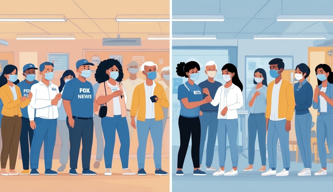 Two groups of people side by side, one group not wearing masks and standing close together, the other group wearing masks and maintaining distance, illustrating different COVID-19 behaviors.