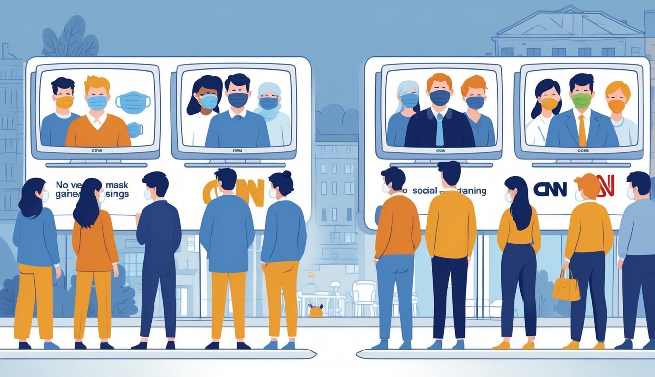 Two groups of people watching different news channels, one group engaging in risky COVID-19 behaviors without masks or distancing, the other group practicing safe behaviors like wearing masks and social distancing.