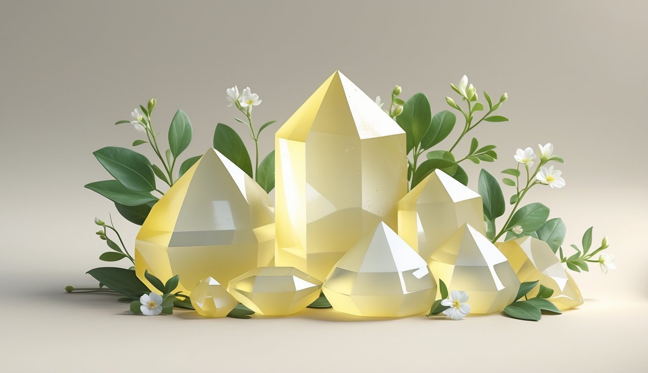 A collection of pale yellow lemon quartz crystals displayed with green leaves and white flowers on a neutral background.