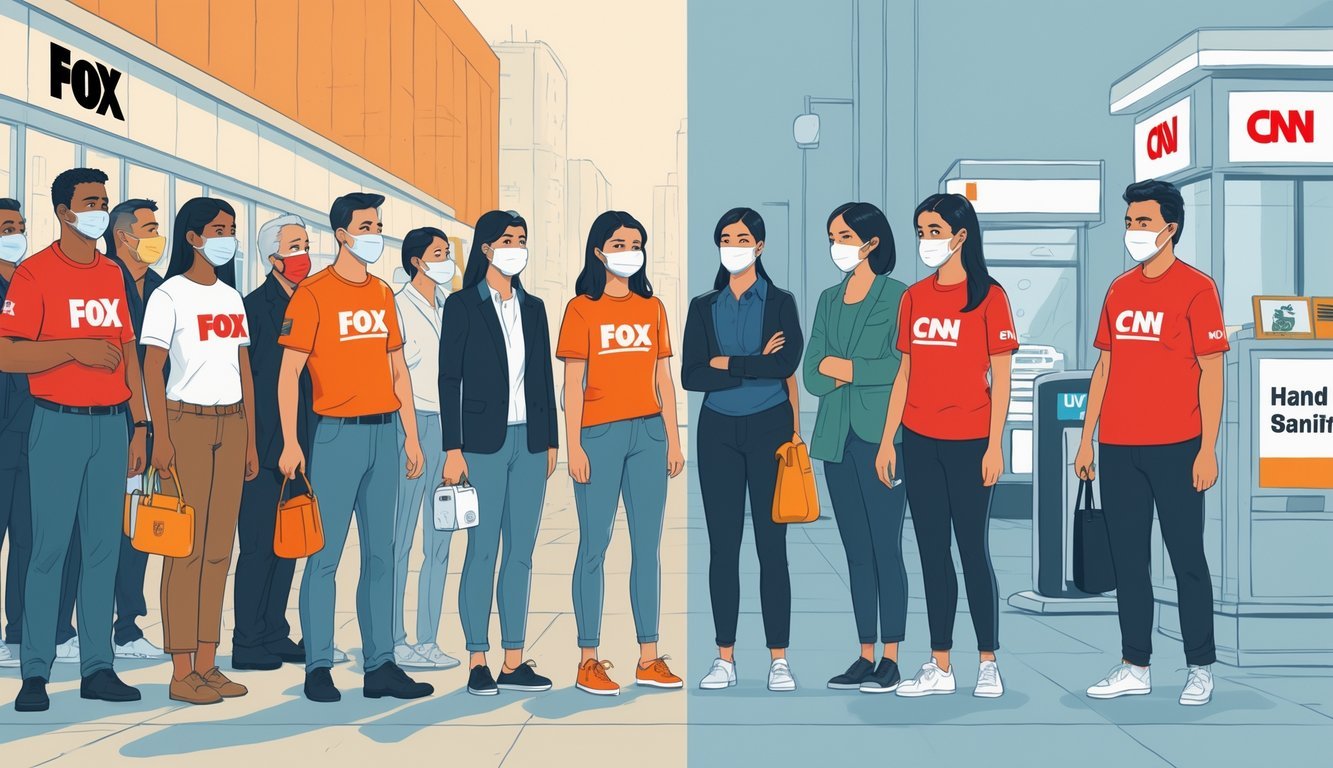 Two groups of people in an urban setting showing different COVID-19 safety behaviors, one group close together without masks and the other group socially distanced and wearing masks.