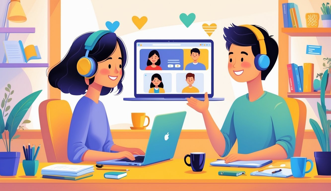 Two people in separate home settings communicating through laptops during an online language exchange.