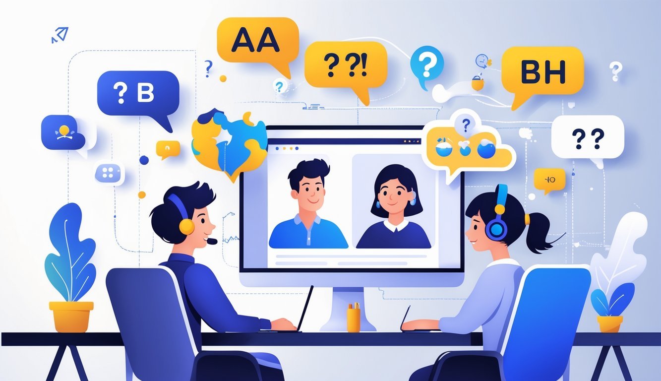 Two people having a friendly online video call for language exchange with floating icons representing questions and language symbols around them.
