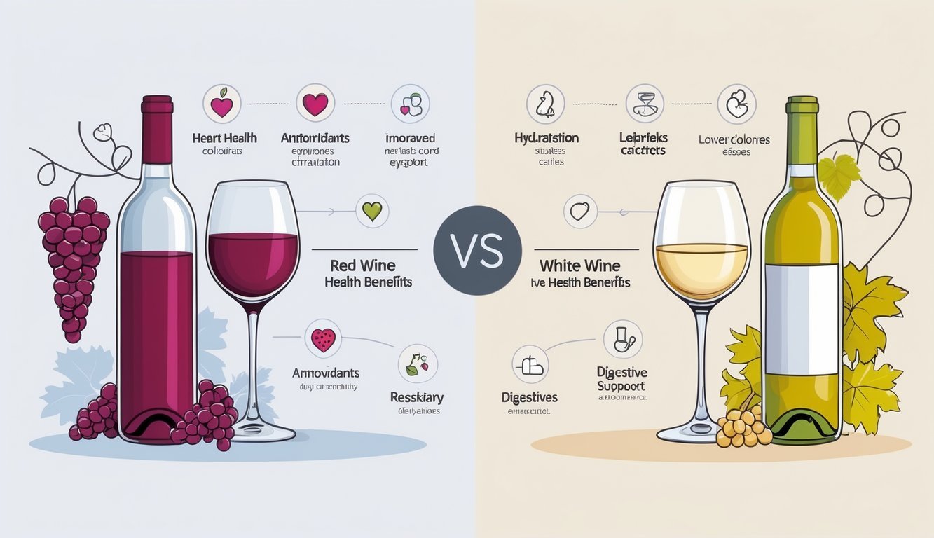 An illustration showing a side-by-side comparison of red wine and white wine with glasses and bottles, accompanied by icons representing their different health benefits.