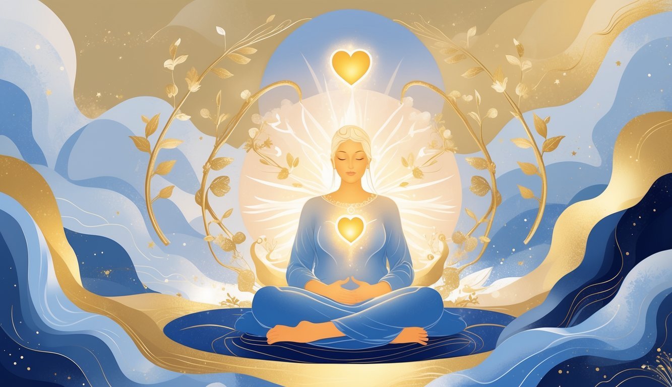 A serene figure surrounded by glowing symbols of love, growth, and light, with abstract shapes representing challenges in the background.
