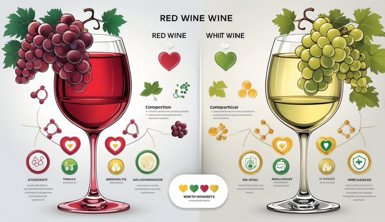 Two wine glasses, one with red wine and one with white wine, surrounded by grapes and symbols representing their composition and nine icons illustrating health benefits.