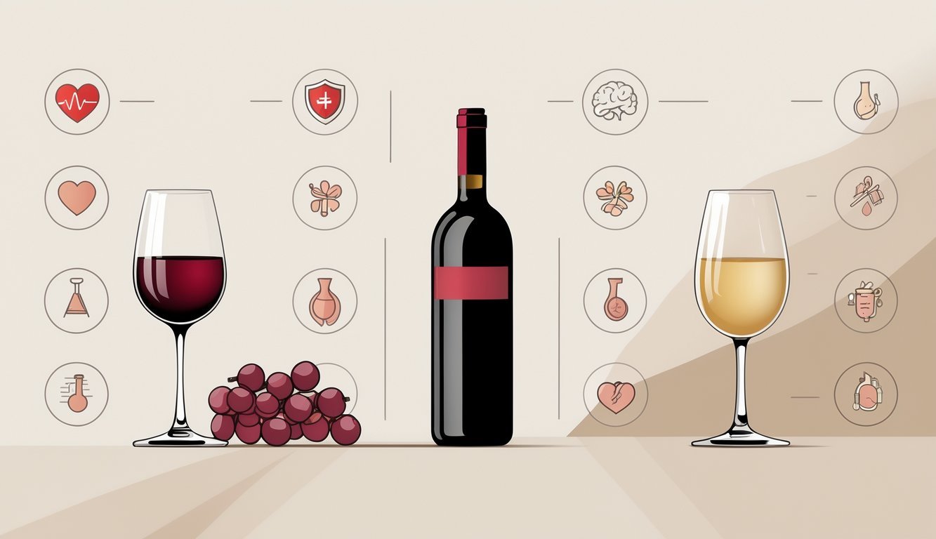 An illustration showing a glass and bottle of red wine on one side and a glass and bottle of white wine on the other, each surrounded by icons representing various health benefits.