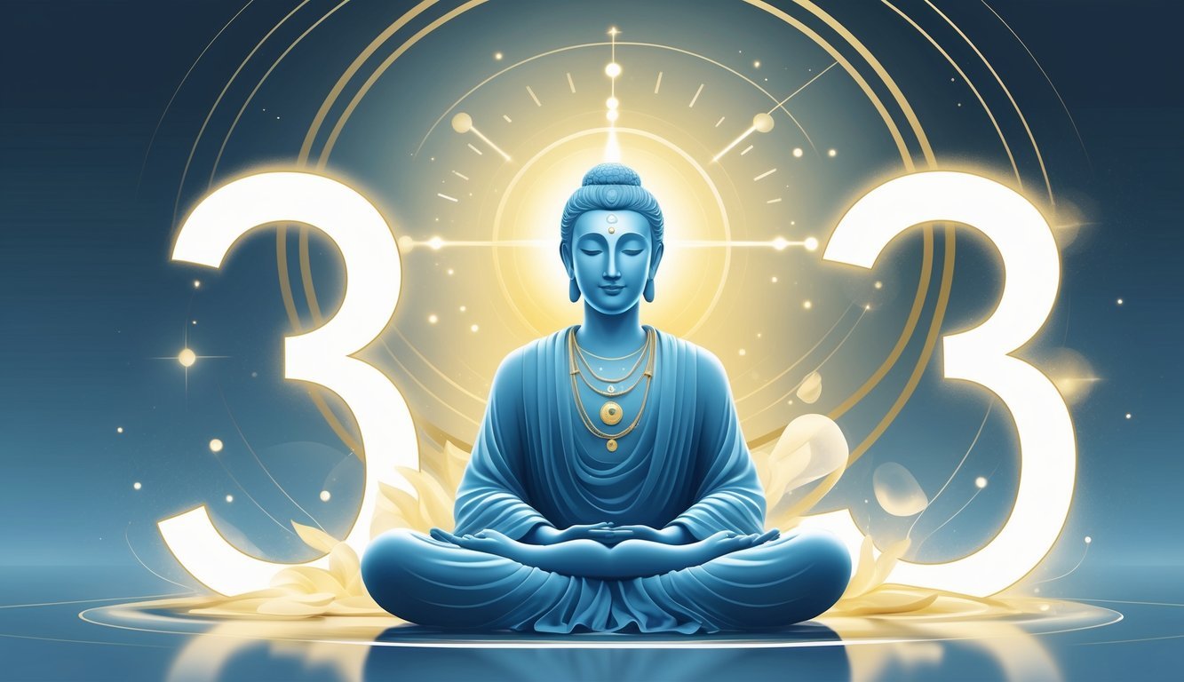 A serene figure surrounded by glowing shapes and harmonious patterns symbolizing wisdom and guidance.