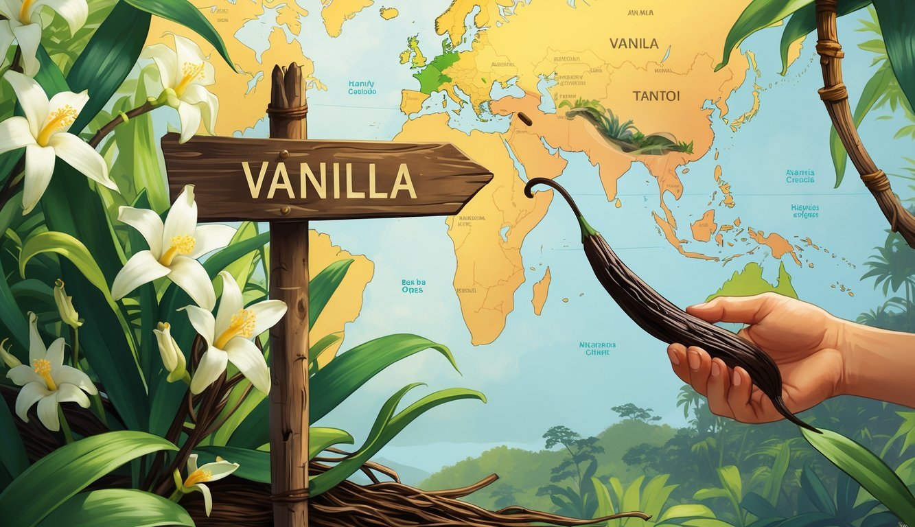 A tropical vanilla orchid vine with flowers and pods, a hand harvesting a vanilla pod, and a map showing vanilla-growing regions in the background.