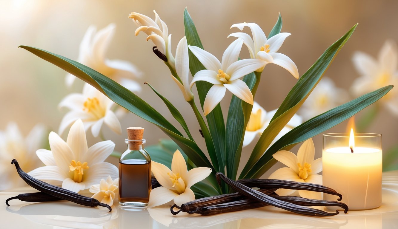 A close-up of a vanilla plant with flowers and pods, accompanied by a bottle of vanilla extract, a scoop of vanilla ice cream, and a lit vanilla-scented candle.