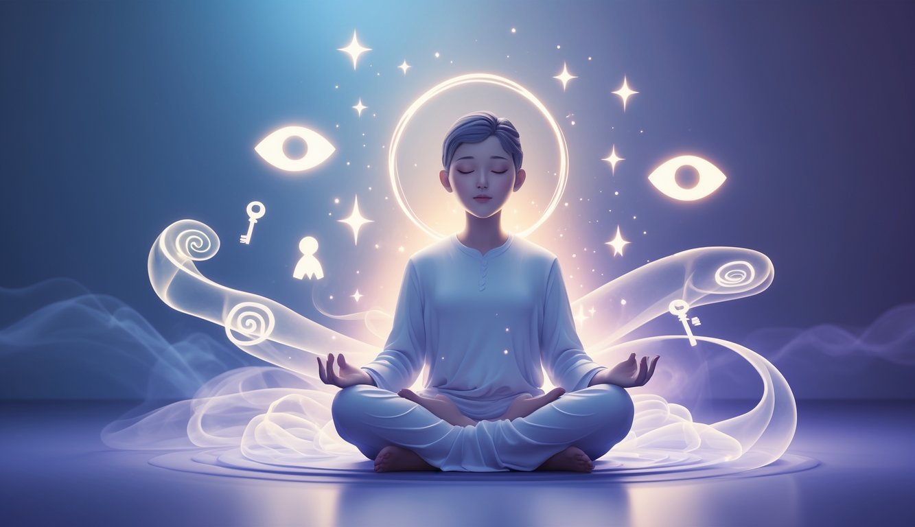 A calm figure meditating surrounded by glowing dream symbols like eyes, keys, stars, and spirals in a mystical, dark blue and purple background.