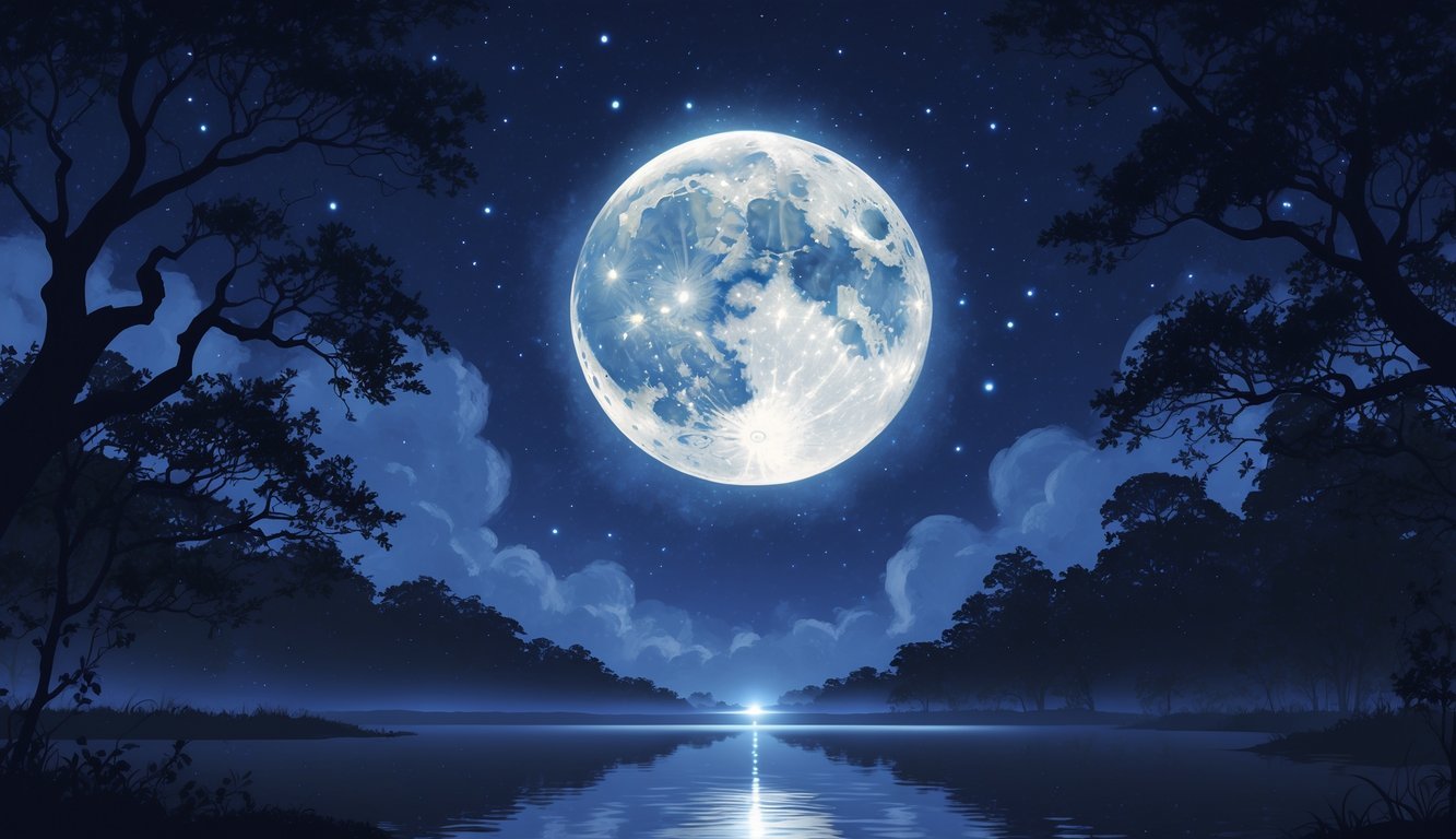 A peaceful night scene with a glowing full moon over a calm lake surrounded by trees and stars.