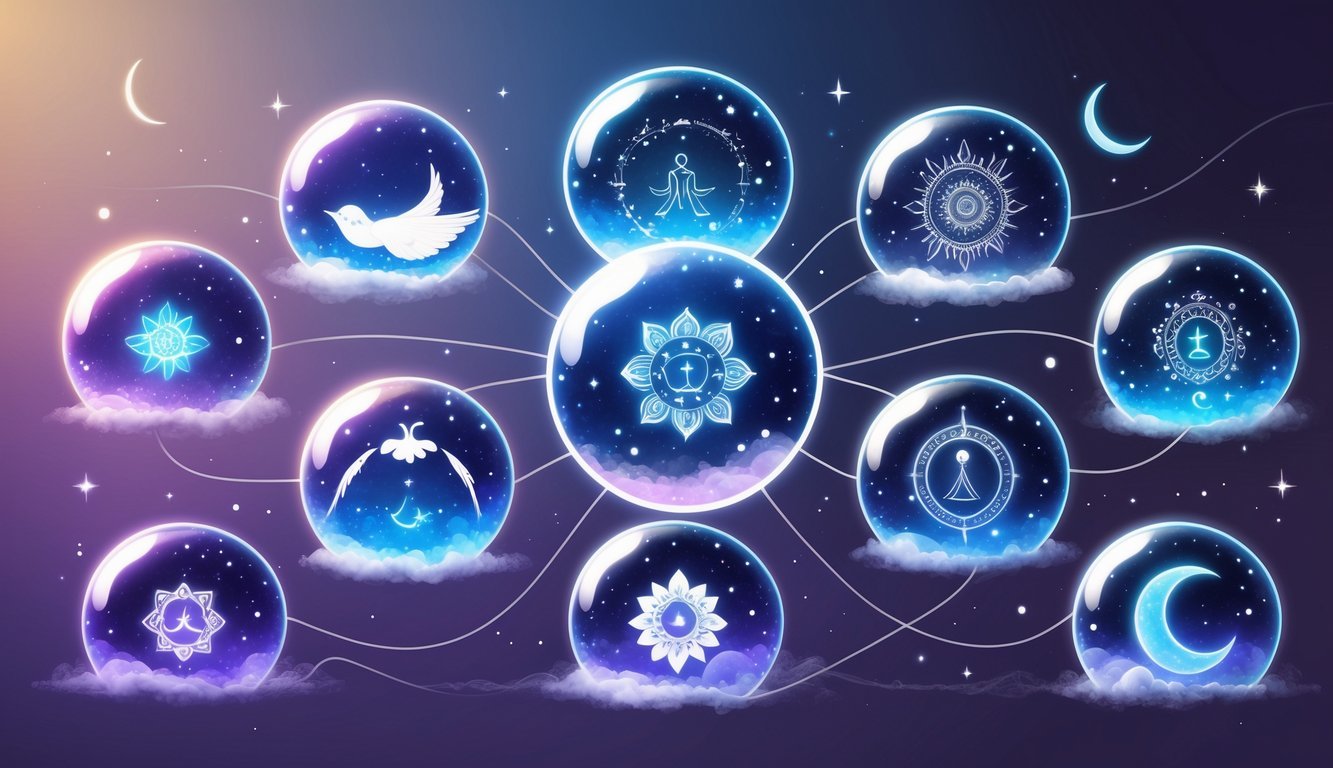 A scene showing multiple dream bubbles with symbolic images like flying, falling, and hidden doors, connected by wisps of light against a dark, starry background.