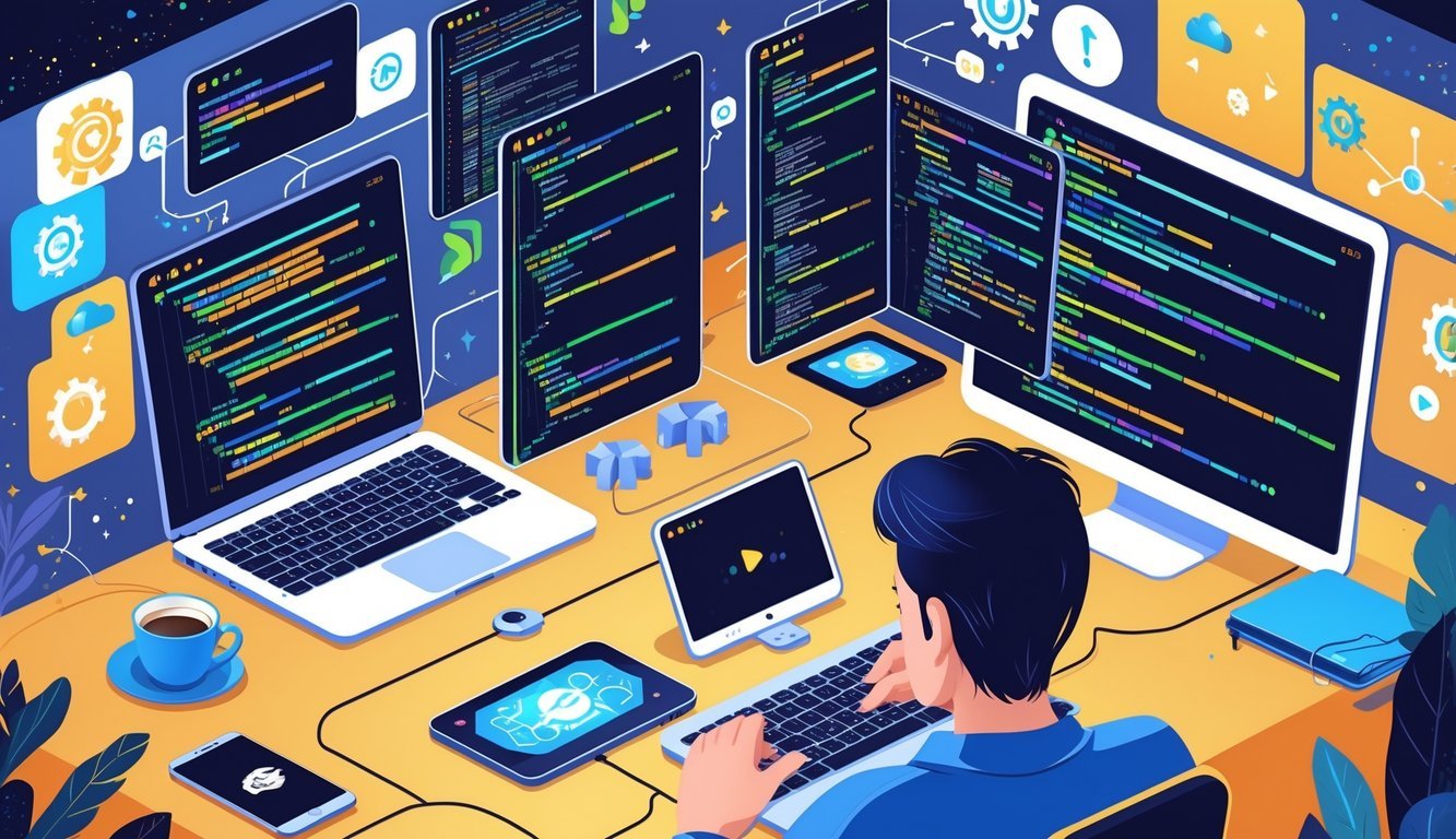 A person working on a laptop surrounded by multiple screens showing code and debugging tools in a cozy workspace.