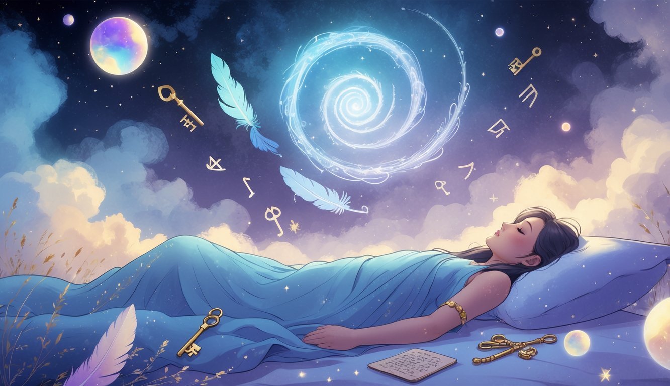A peaceful person sleeping surrounded by glowing dream symbols and soft light forming a spiral pattern above them.