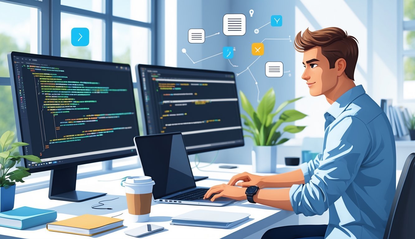 A person working at a desk with multiple computer screens showing code and debugging tools in a bright home office.