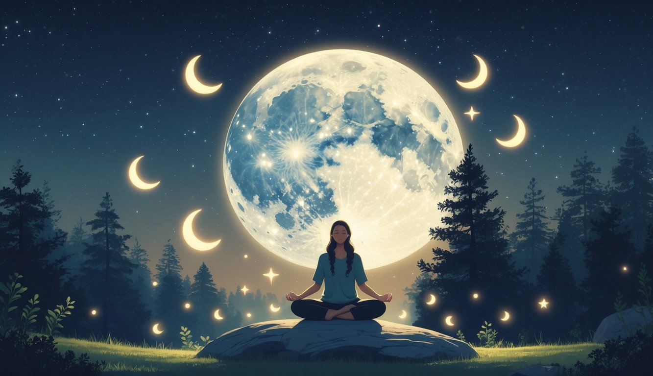 A person meditating under a glowing full moon surrounded by spiritual symbols in a peaceful forest at night.