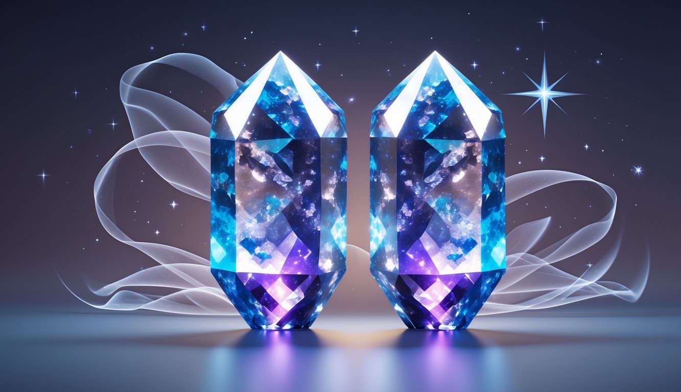 Two large, sparkling Gemini crystals side by side with glowing light and star motifs around them.