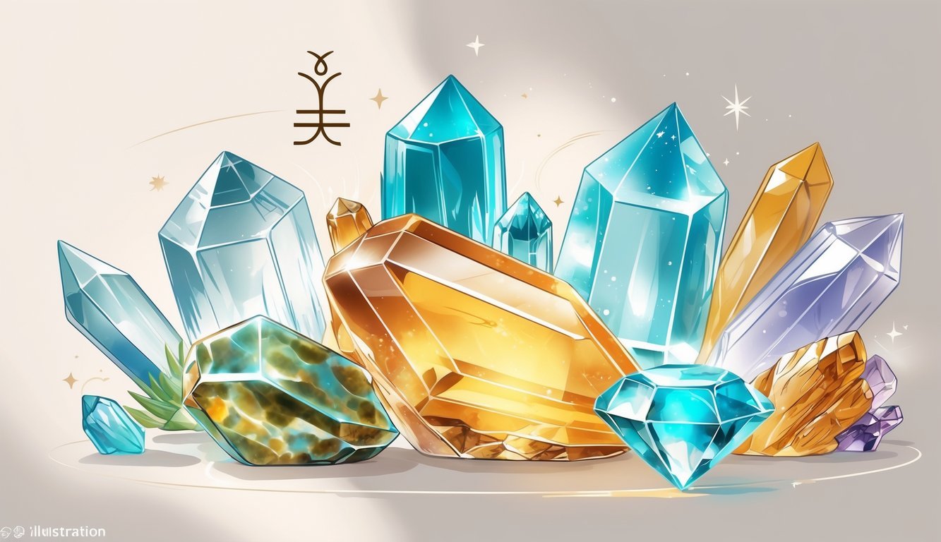 An arrangement of various colorful crystals associated with the Gemini zodiac sign displayed on a soft background with subtle star and Gemini symbol motifs.