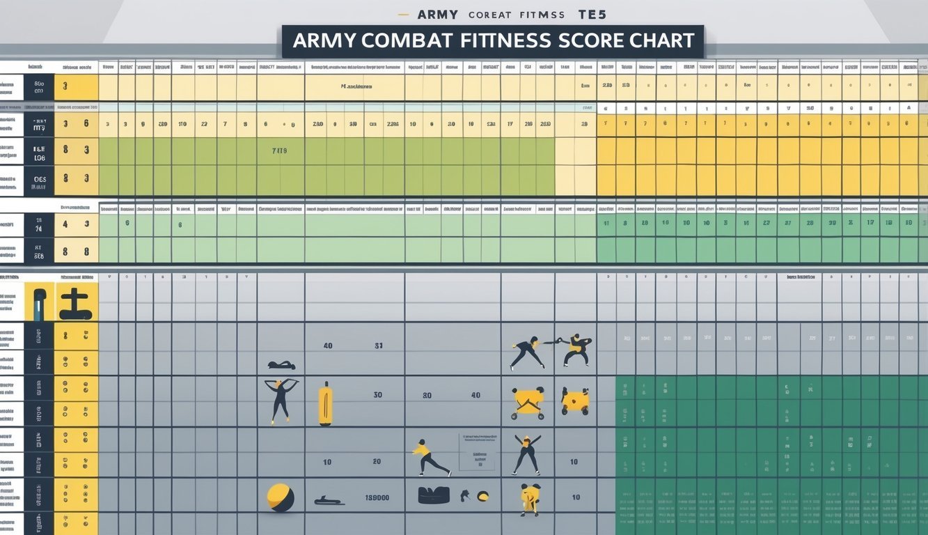 A detailed fitness score chart showing different physical test events with color-coded performance ranges and icons representing each event.