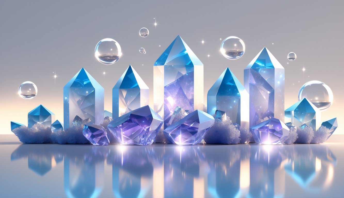 A collection of translucent blue and lavender Gemini crystals arranged on a reflective surface with soft glowing orbs around them.