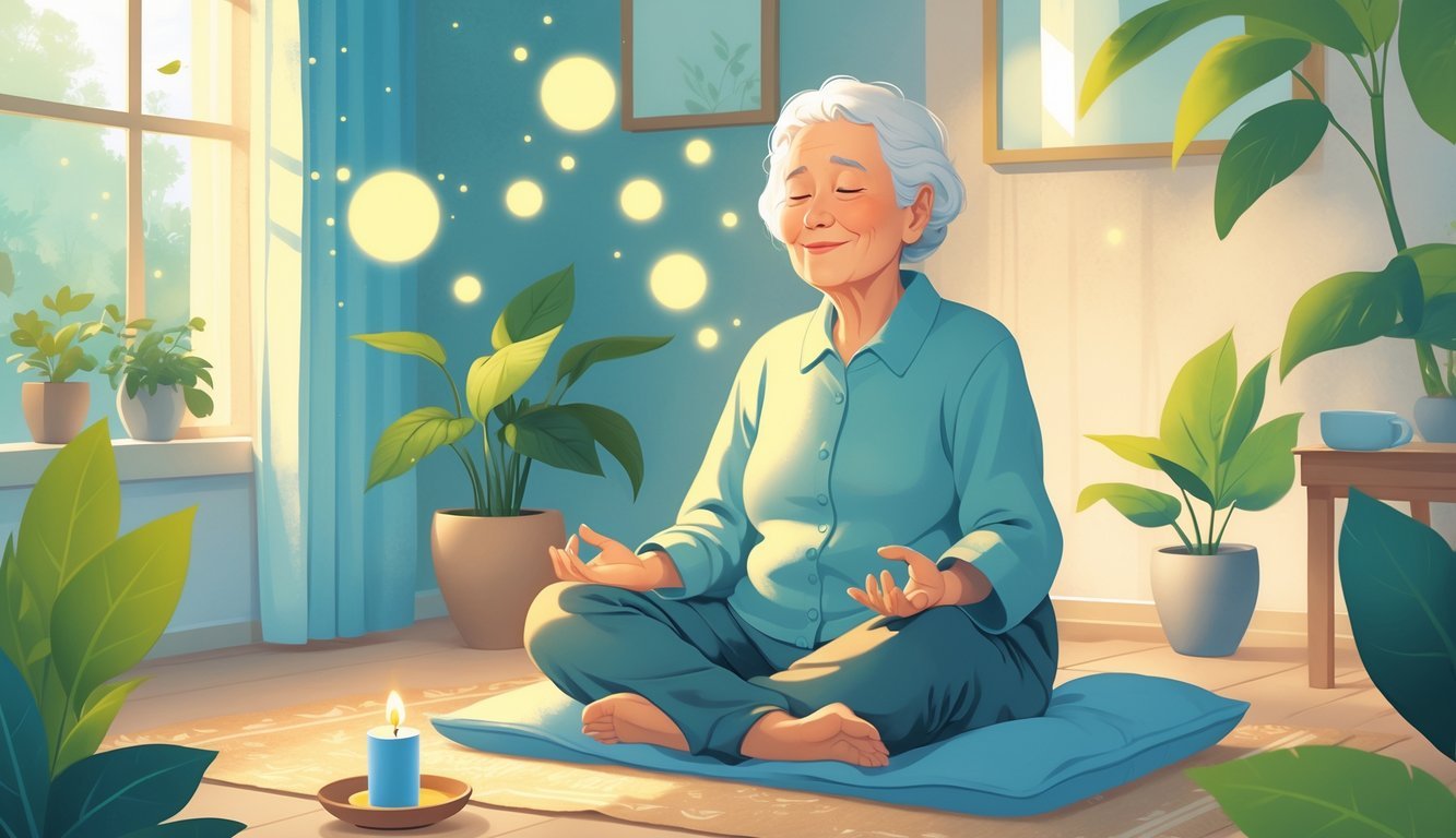 An elderly person sitting peacefully on a cushion indoors, meditating with eyes closed and a calm expression, surrounded by soft light and plants.