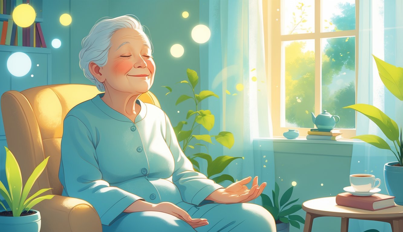 An elderly person sitting peacefully in a bright room, meditating with eyes closed and a gentle smile, surrounded by plants and soft sunlight.