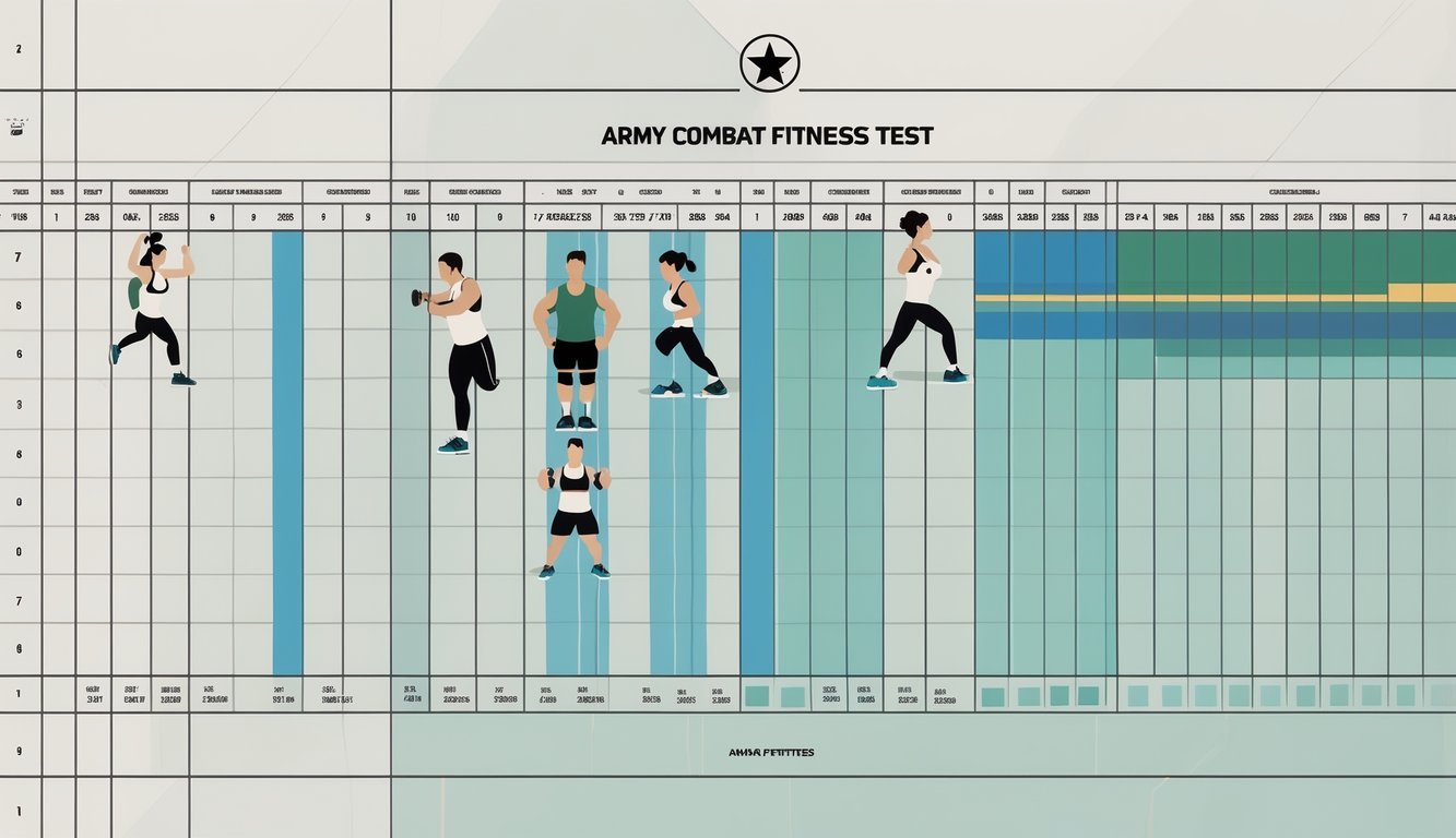 A fitness score chart showing different exercises with icons and color-coded bars representing performance levels.