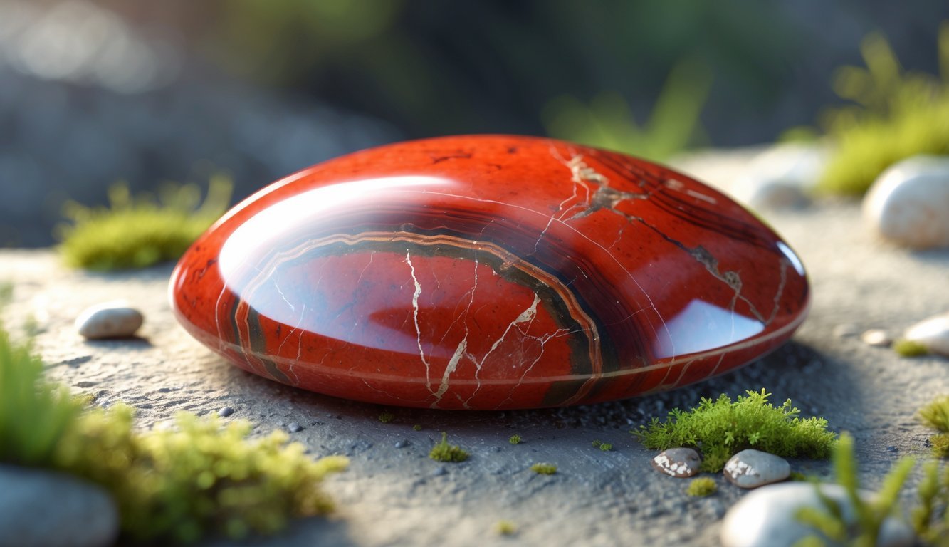 A polished red jasper gemstone resting on a natural surface with moss and pebbles around it.