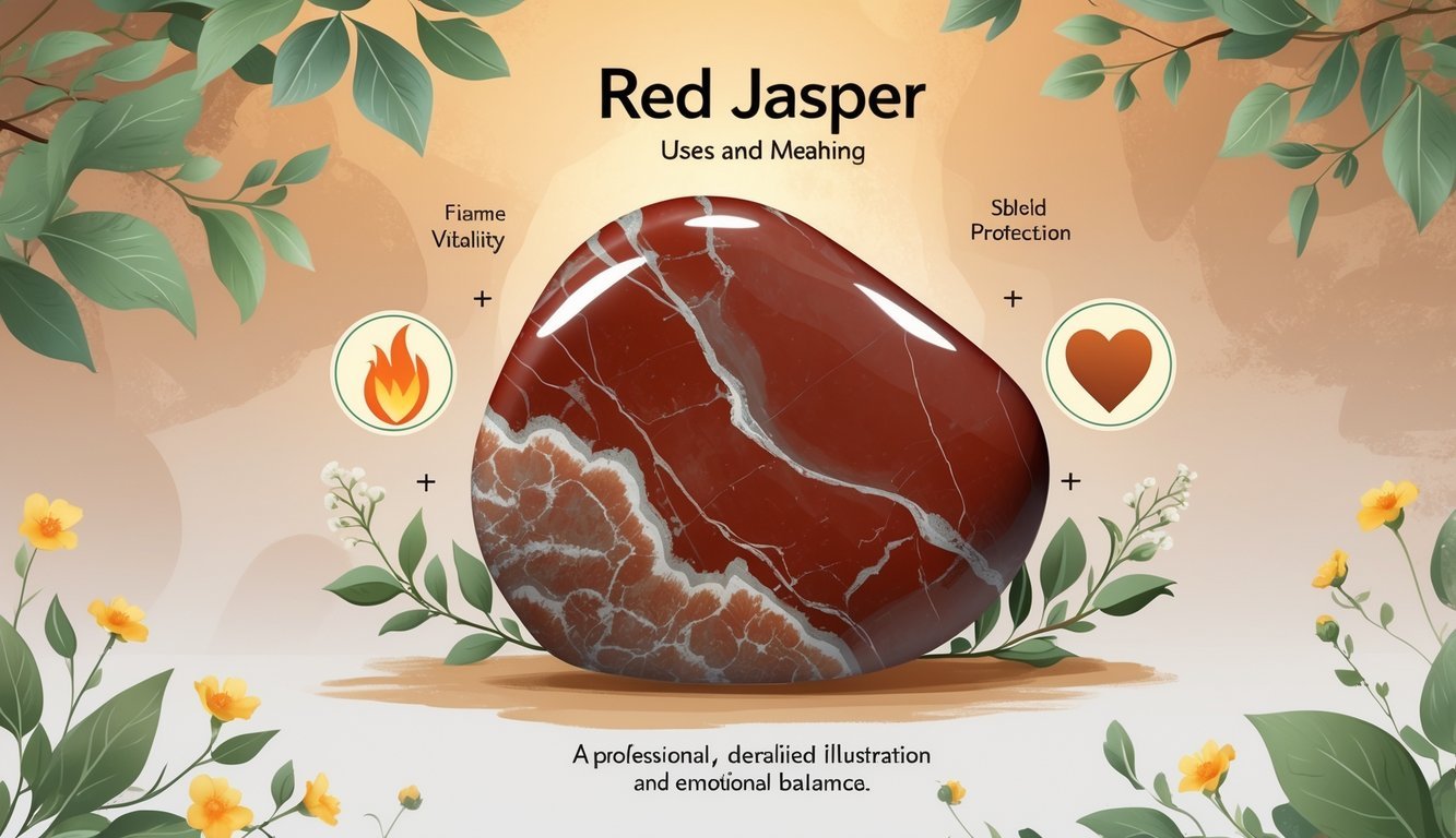 A polished red jasper stone surrounded by symbols of vitality, protection, and emotional balance, with green leaves and flowers in the background.