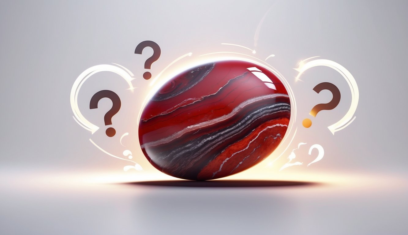 A polished red jasper gemstone with natural patterns surrounded by subtle question mark icons on a clean, light background.