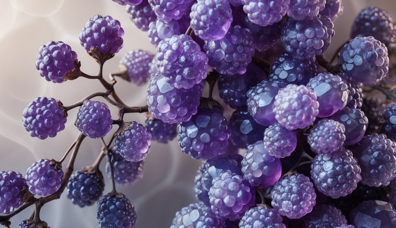 Close-up view of purple grape agate mineral clusters resembling small rounded grapes tightly packed together.