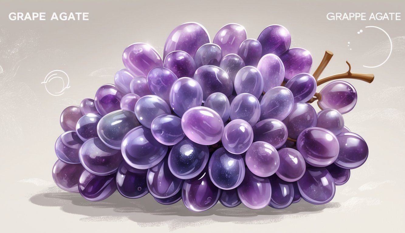 A detailed illustration of a cluster of purple grape agate crystals with rounded formations on a neutral background.