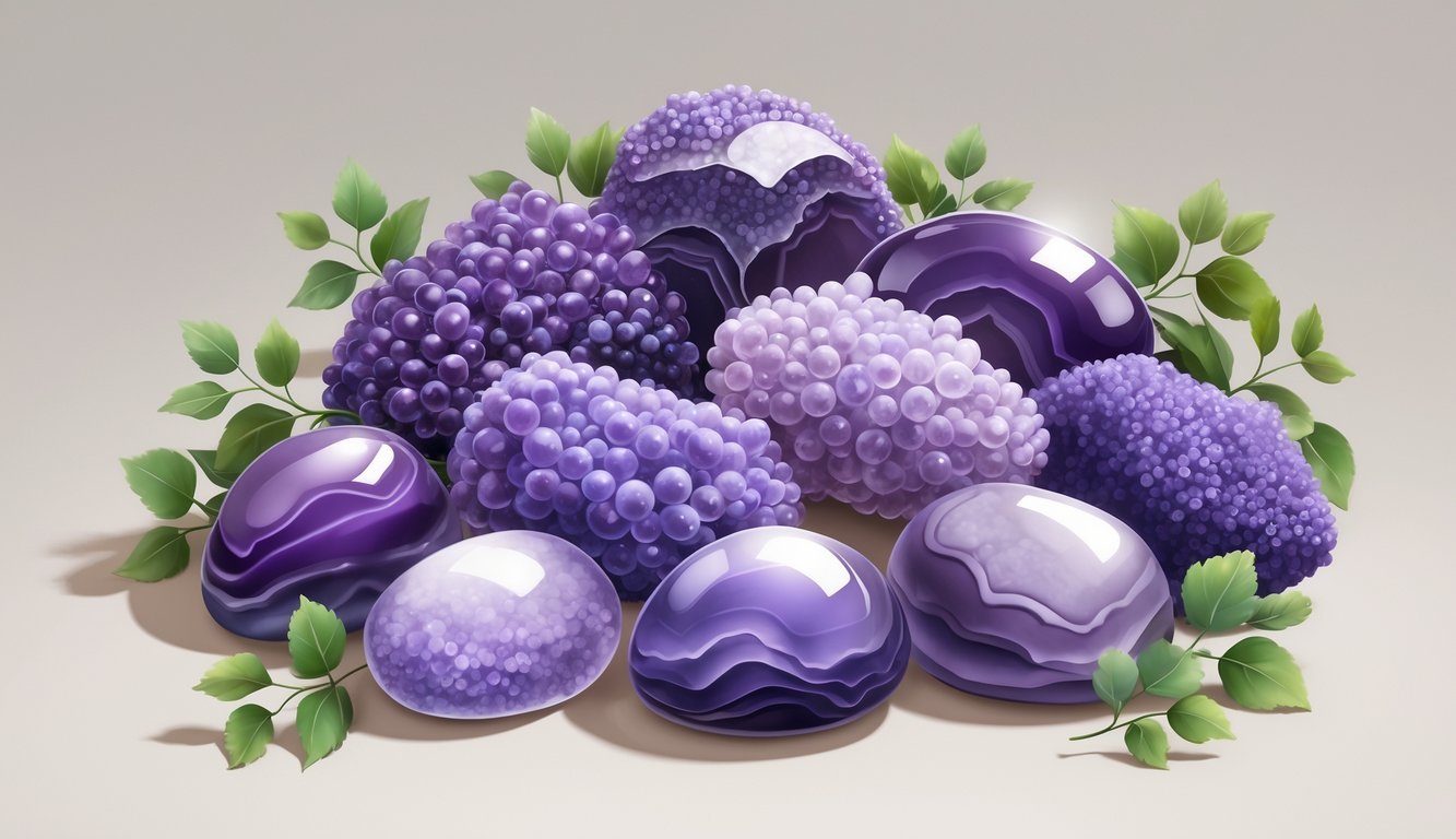 A cluster of purple grape agate stones with small rounded formations, displayed with green leaves on a neutral background.