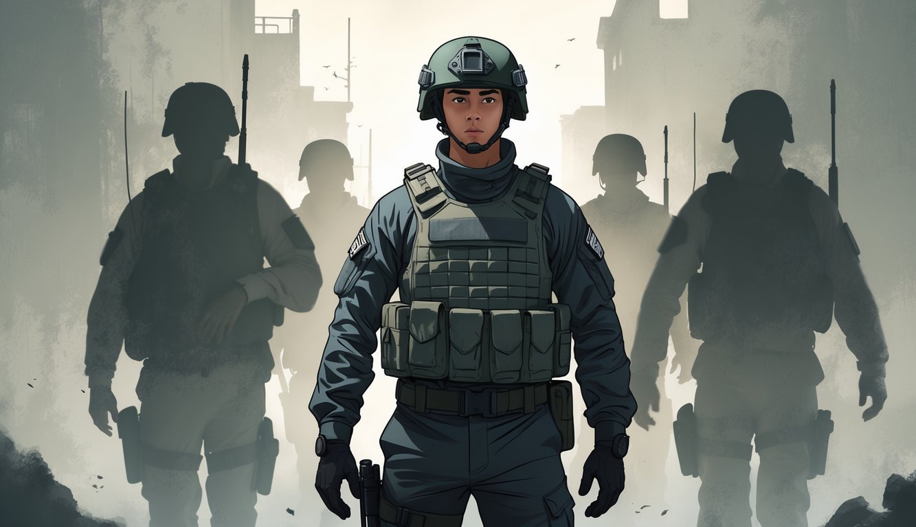 A soldier stands alert with shadows of potential threats approaching from behind in an urban environment.