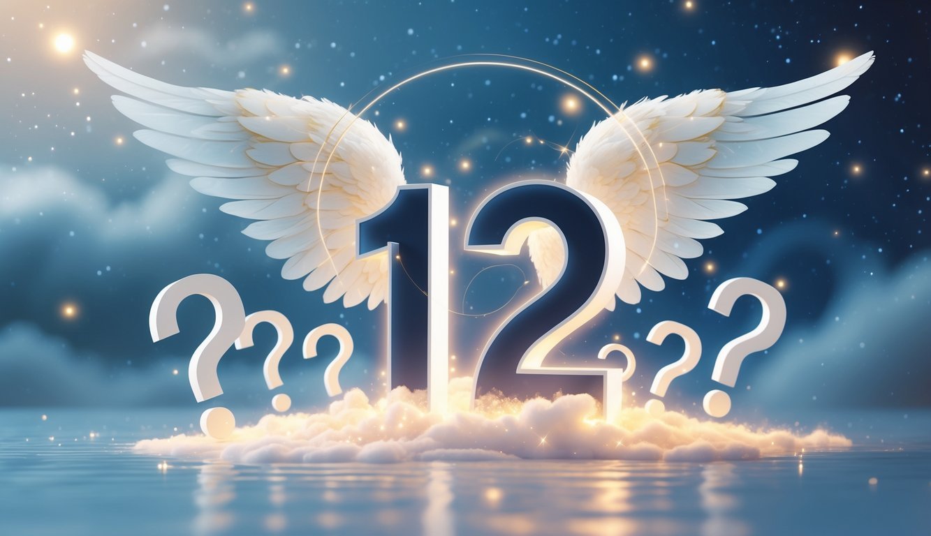 A glowing number 122 surrounded by floating question marks and angelic wings against a soft, starry background.