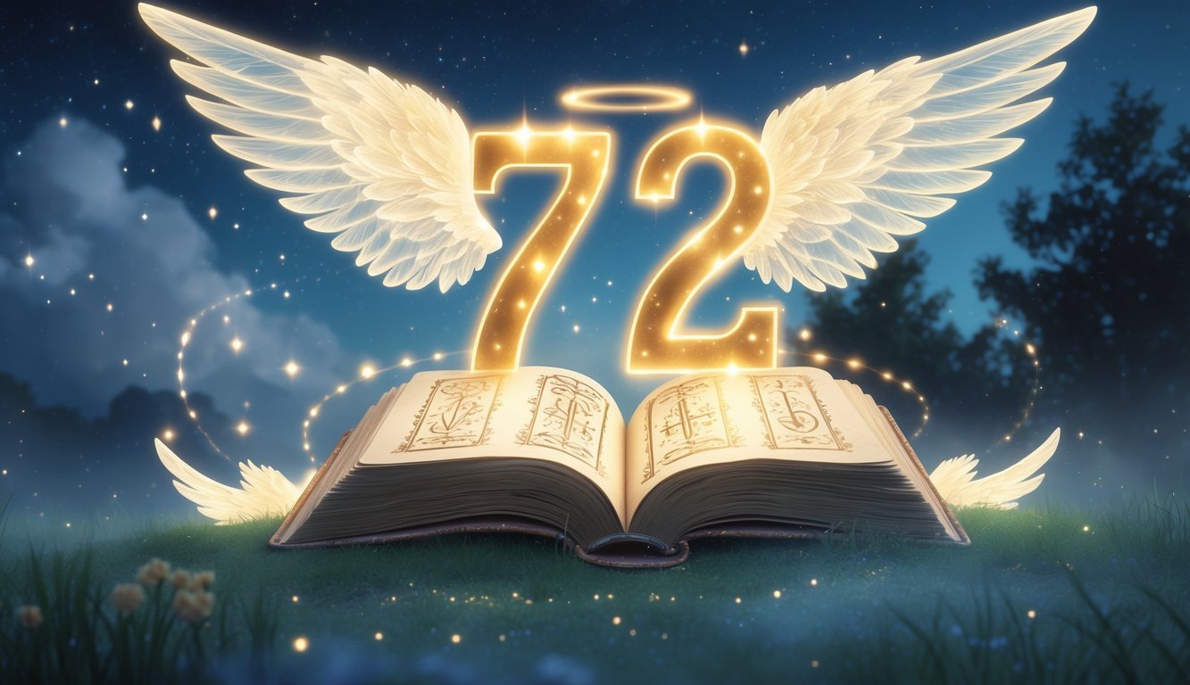 A glowing number 722 floating above an open ancient book with angelic wings and a peaceful twilight sky in the background.