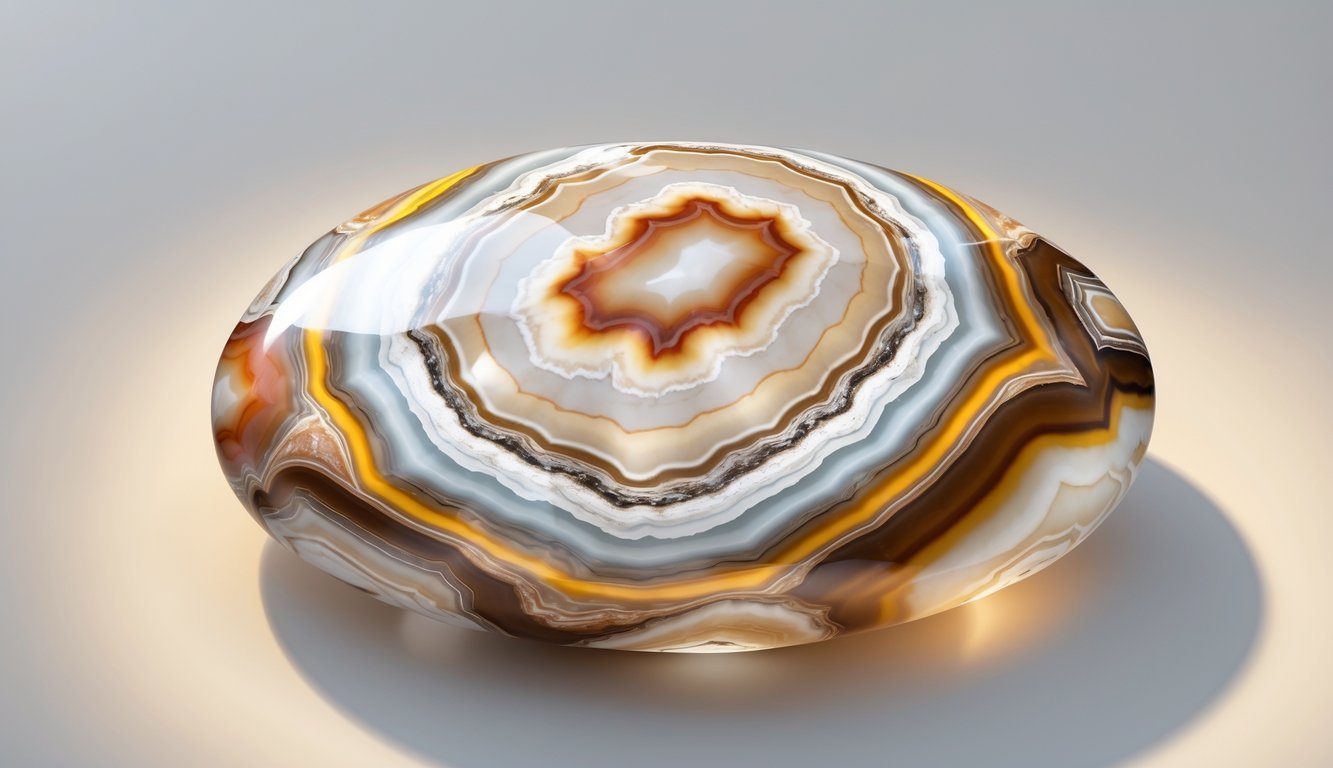 A polished oval crazy lace agate gemstone with intricate swirling bands of white, cream, brown, and red colors.