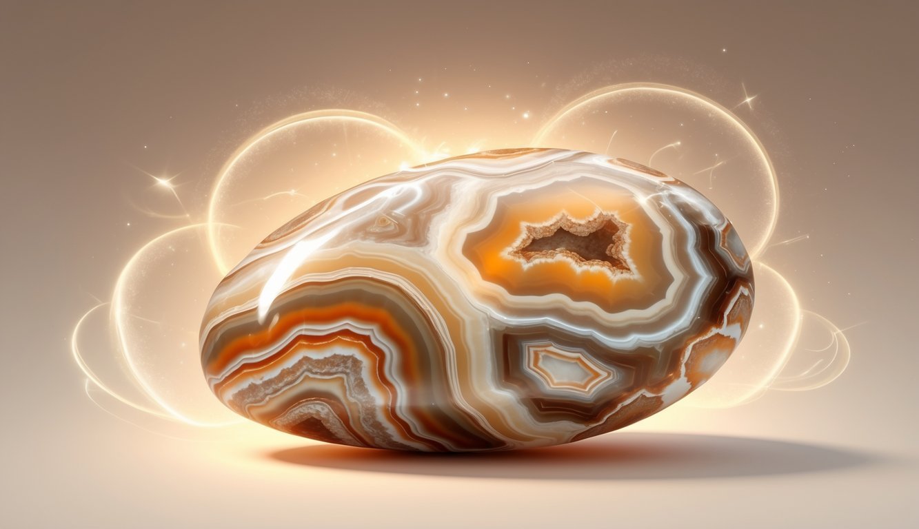 A detailed illustration of a polished crazy lace agate stone with swirling patterns in warm earth tones, surrounded by gentle glowing light effects.