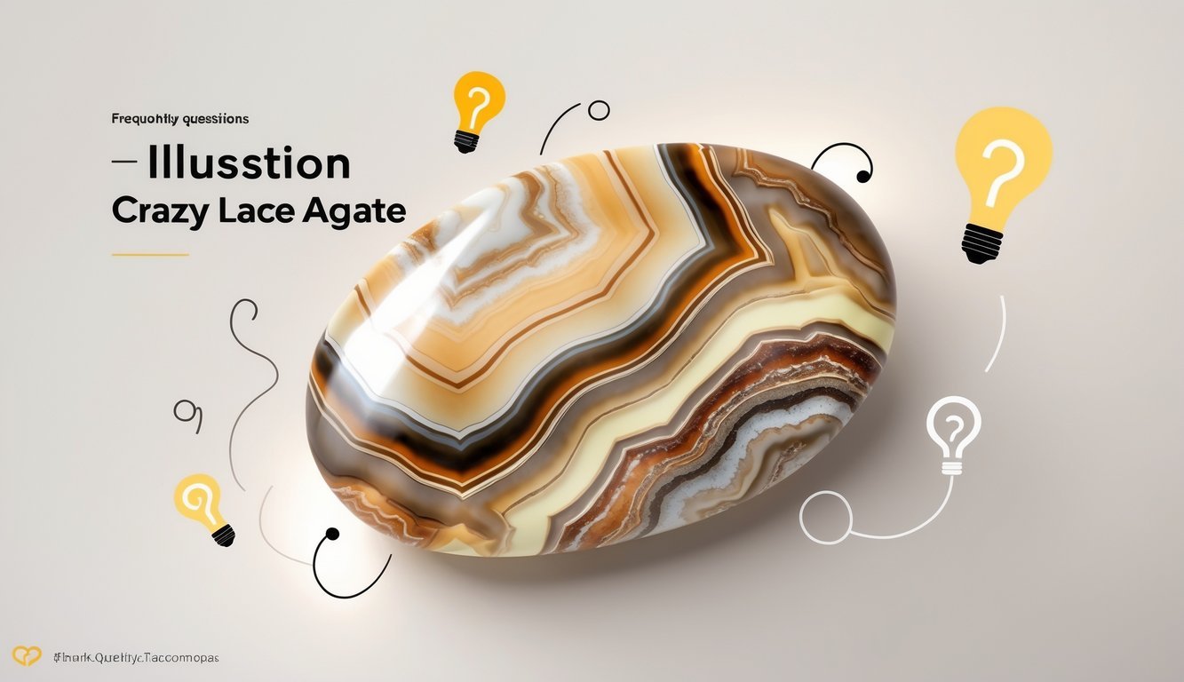 A polished crazy lace agate stone with intricate swirling patterns in cream, beige, brown, and red tones on a neutral background, surrounded by subtle question mark and lightbulb shapes.