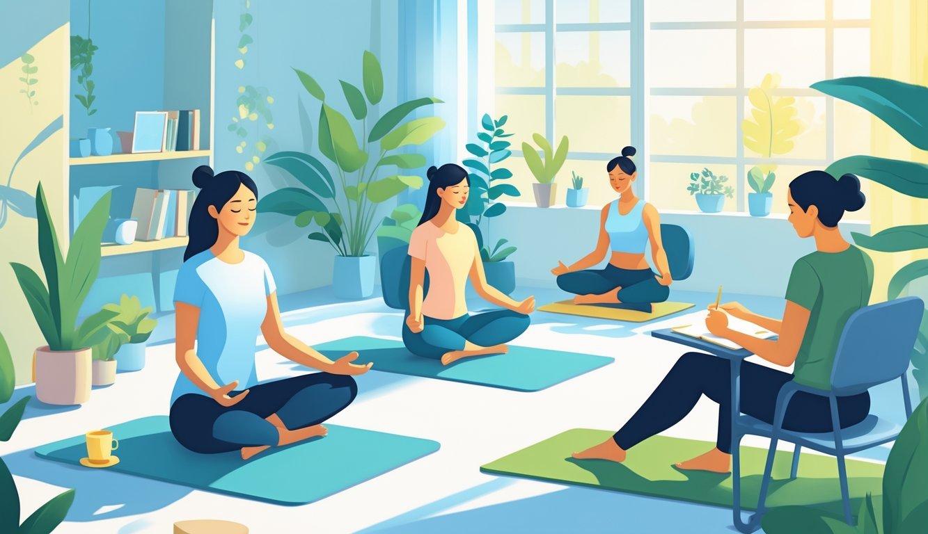 People practicing different stress management techniques such as deep breathing, stretching, and journaling in a calm, bright room with plants and sunlight.