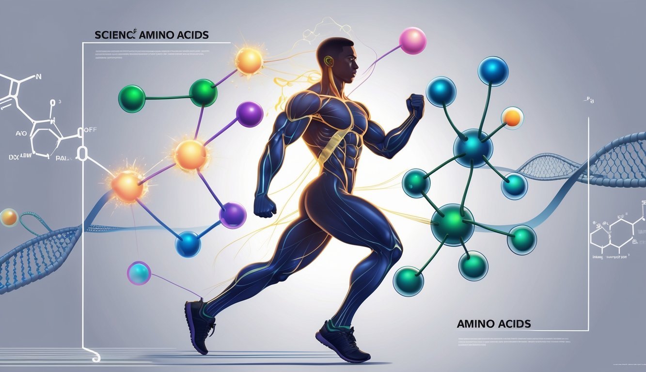 An active human figure showing highlighted muscles with surrounding molecular structures representing key amino acids important for fitness performance.
