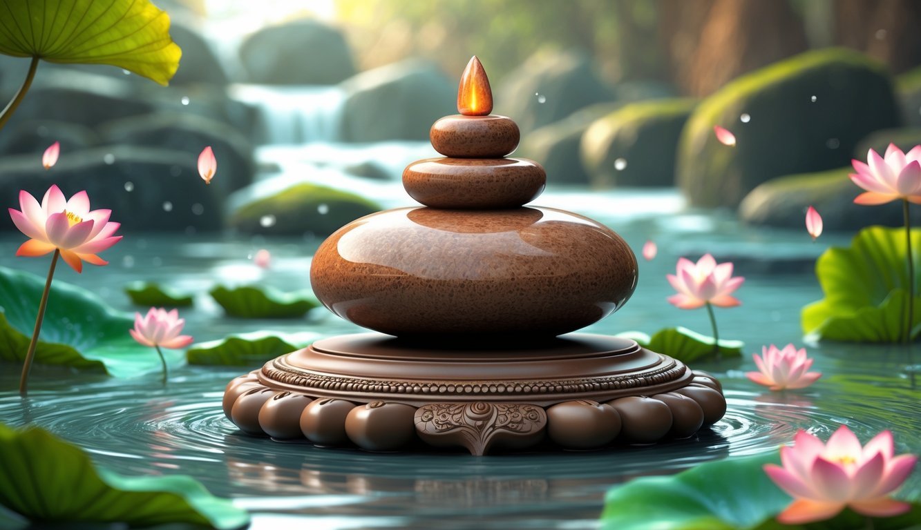 A polished Shiva Lingam stone on a traditional yoni base surrounded by lotus flowers and leaves with a calm river in the background.