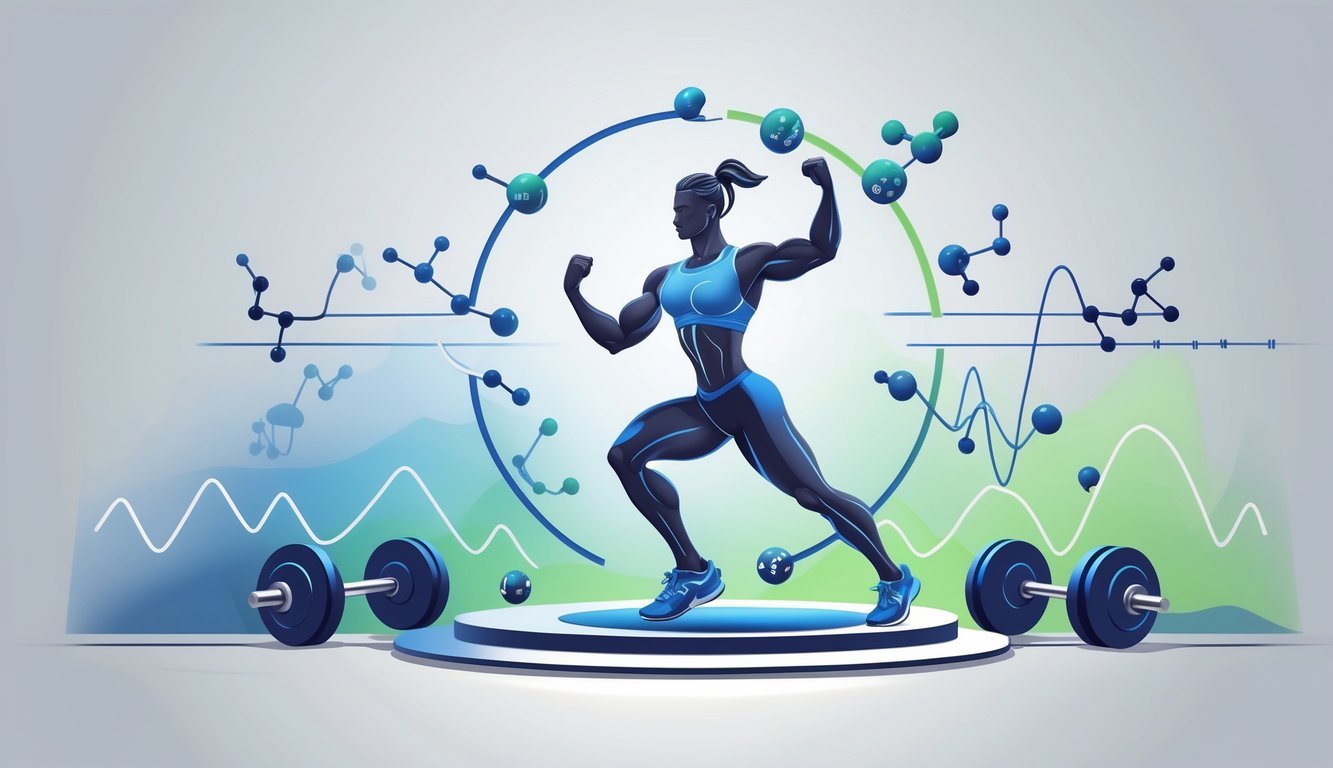 An athletic human figure surrounded by eleven molecular structures representing amino acids, with subtle fitness elements like dumbbells and muscle fibers around them.