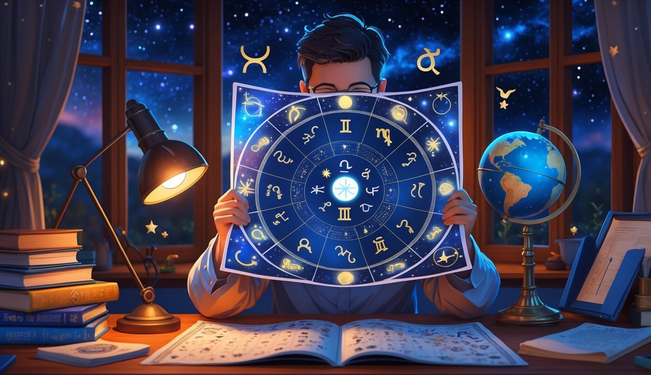 A person studying an astrology horoscope chart at a desk with books, a telescope, and a starry night sky visible through a window.